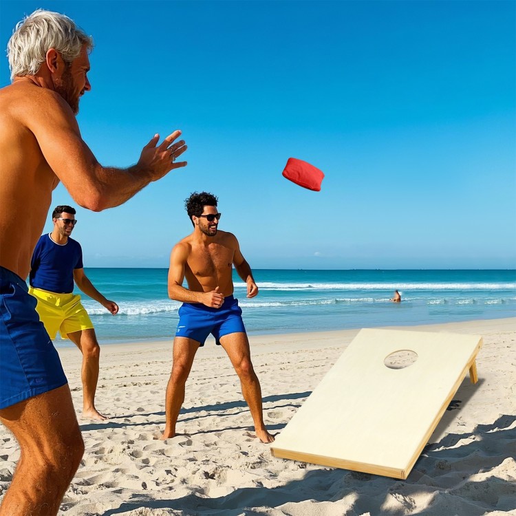 Solid wood cornhole board set with bean bags, perfect for beach games and outdoor fun.