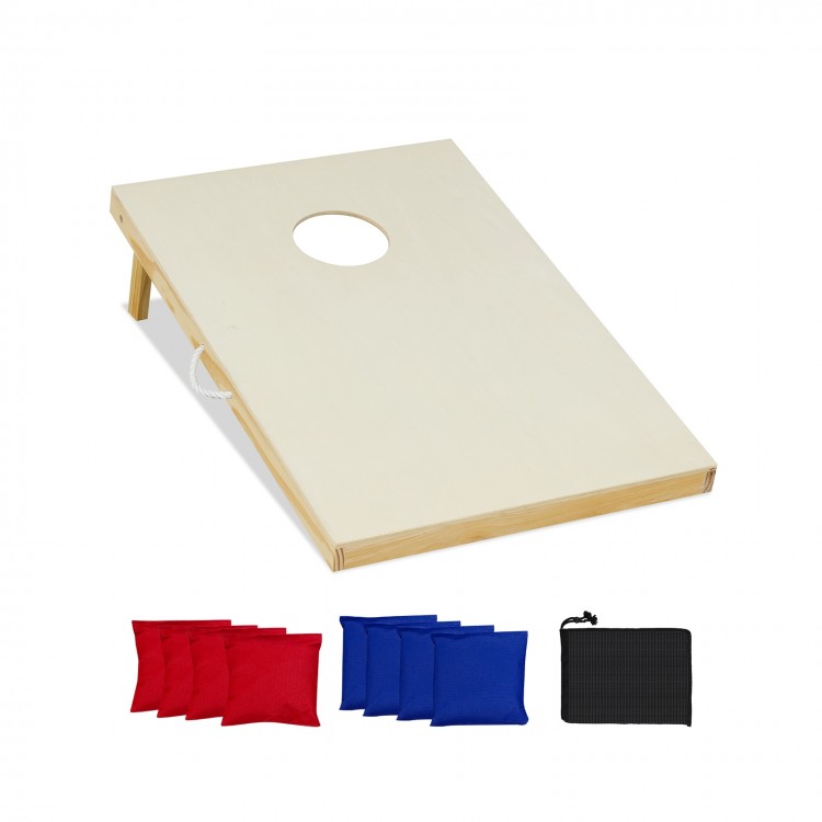 Solid wood cornhole board set with foldable legs, includes 8 bean bags in red and blue for portable outdoor fun.