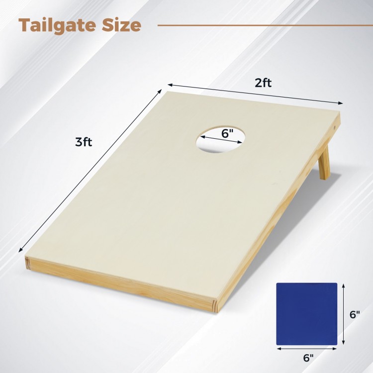 Solid wood cornhole board with foldable legs, 2ft x 3ft size, includes 8 bean bags for portable outdoor fun.