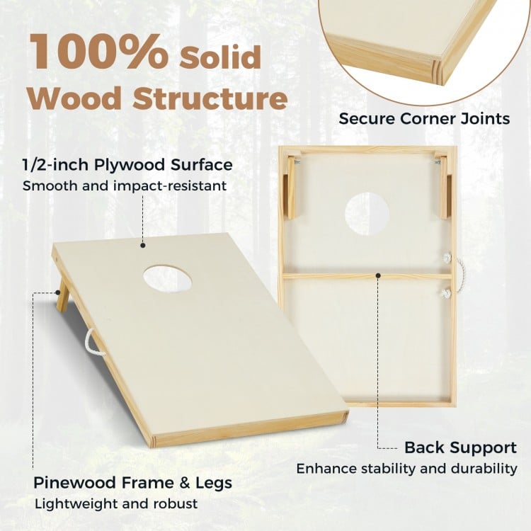 Solid wood cornhole board with a smooth plywood surface, foldable legs, and back support for enhanced stability.