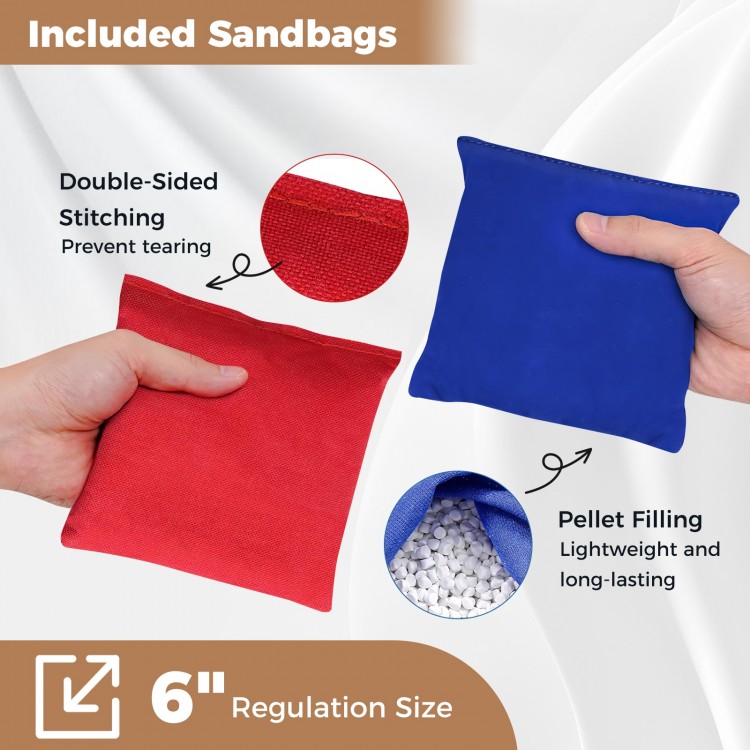 Included red and blue sandbags with double-sided stitching for the Solid Wood Cornhole Board Set, 6" regulation size.
