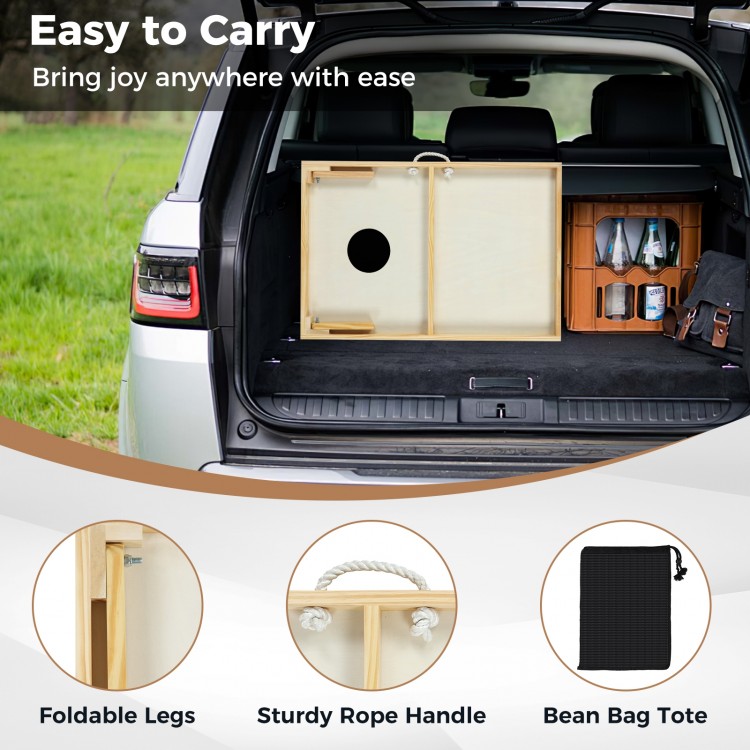 Portable solid wood cornhole board set with foldable legs, sturdy rope handle, and included bean bags for easy.