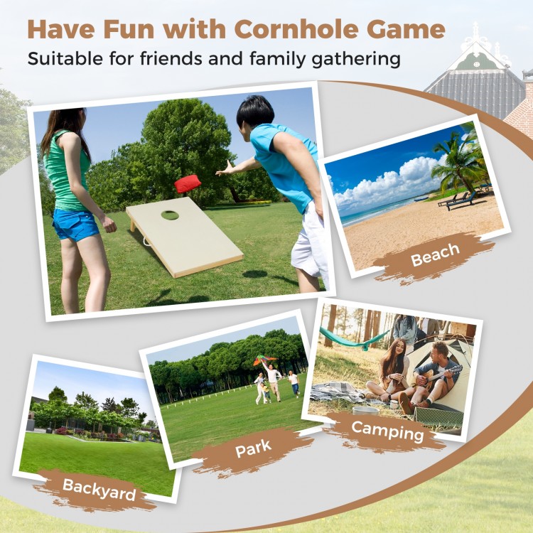 Solid wood cornhole board set with foldable legs and 8 bean bags, perfect for outdoor fun in the backyard or at the.