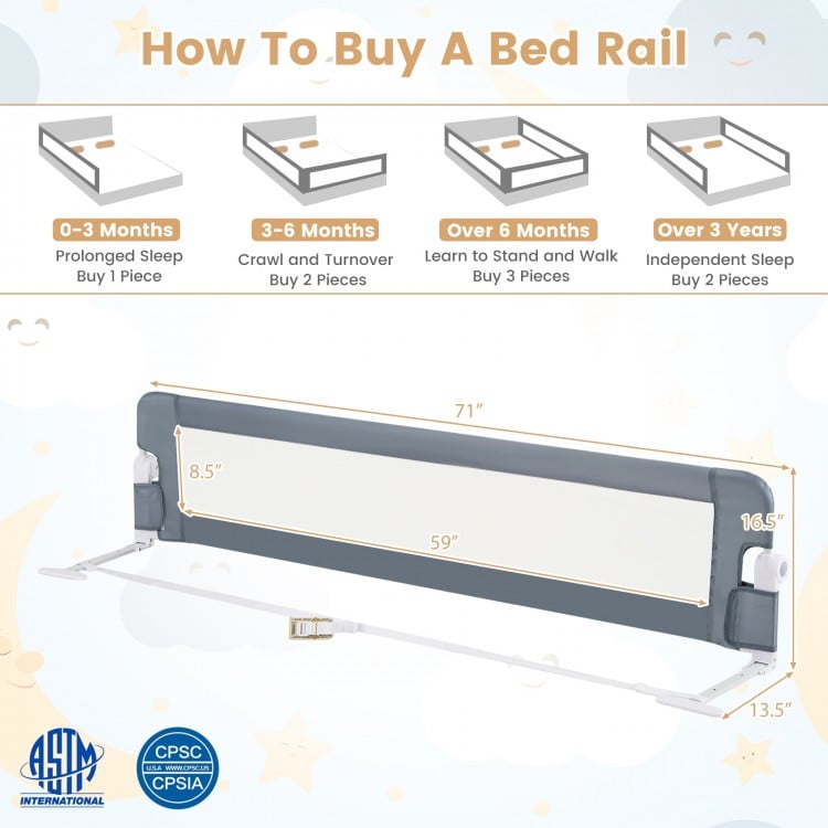 71-inch foldable baby bed guard rail in gray with adjustable safety strap, ideal for toddler safety and easy access.