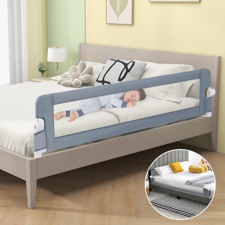 Foldable 71-inch gray bed rail with adjustable safety strap, providing stability and safety for toddlers during sleep.