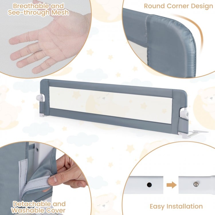 Foldable 71-inch baby bed guard rail in gray with breathable mesh, adjustable strap, and rounded corners for safety.
