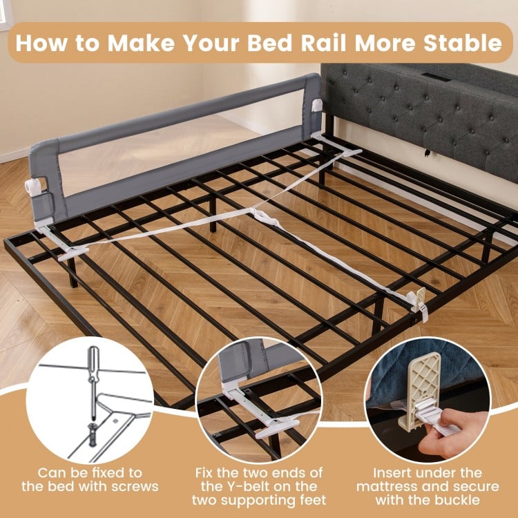Foldable 71-inch bed rail with adjustable safety strap and T-shaped legs for toddler safety and stability.