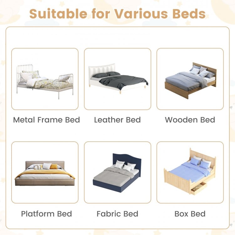 Foldable baby bed guard rail in gray with adjustable safety strap, designed for various bed types for toddler safety.