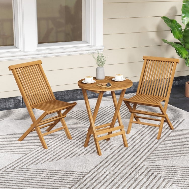Folding outdoor teak wood chairs set of 2 with slatted seats and backrests, perfect for yard or beach relaxation.