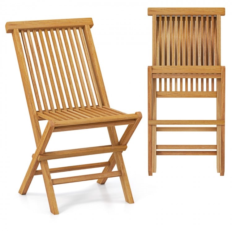 Folding outdoor teak wood chair set with slatted seat and backrest, ideal for yard or beach relaxation.