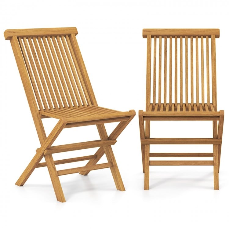 Single outdoor teak wood chair with a smooth painted surface and slatted backrest, designed for comfort and easy.