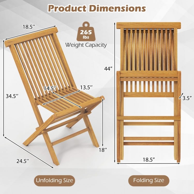 Folding outdoor teak wood chair with slatted seat and backrest, featuring a 265 lbs weight capacity for versatile use.