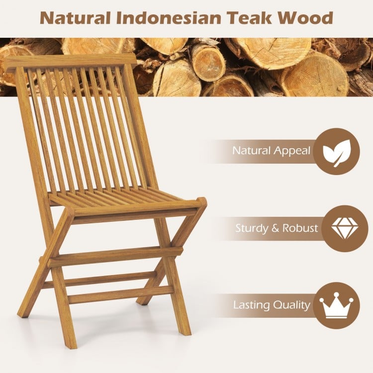 Folding outdoor teak wood chair with slatted seat and backrest, designed for comfort and easy storage. Perfect for yard.