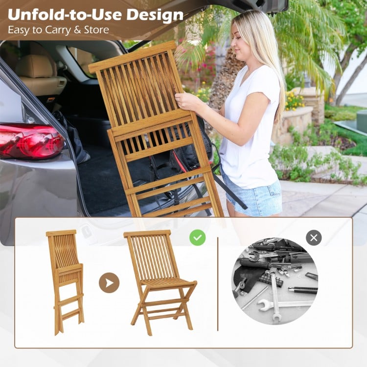 Folding outdoor teak wood chair with slatted seat and backrest, designed for easy transport and storage.