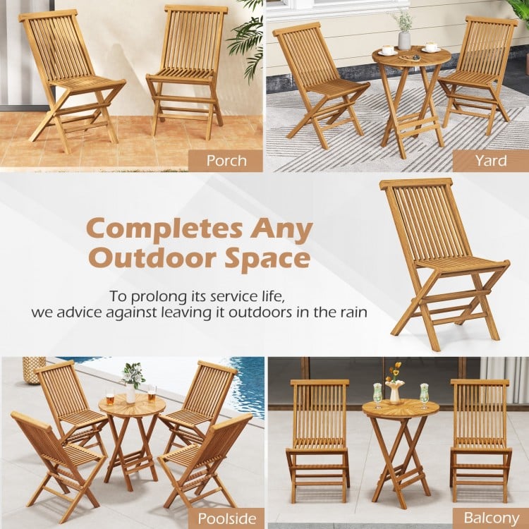 Folding outdoor teak wood chairs set of 2 with slatted seat and backrest, perfect for porch or balcony relaxation.