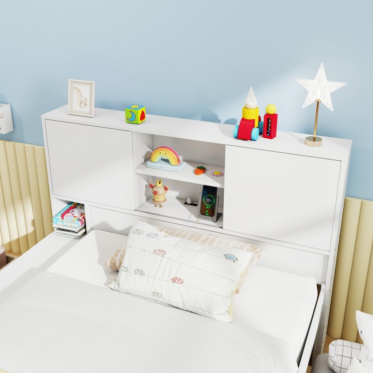 Twin size bed frame with storage headboard and trundle, featuring a white finish and recessed power outlets for.