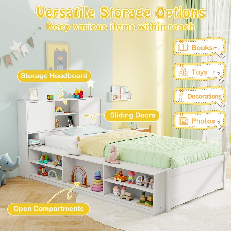 Twin size bed frame with trundle, white finish, featuring storage headboard and power outlets for convenient access.