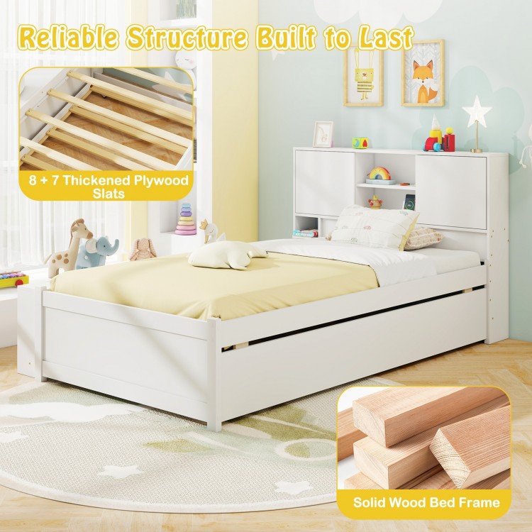 Twin size bed frame with trundle in white, featuring a solid wood structure and storage headboard for convenient use.