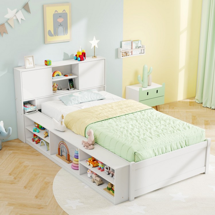 Twin size bed frame with trundle in white, featuring storage headboard and power outlets, perfect for sleepovers.