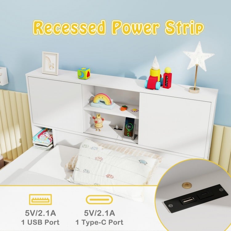 Twin size bed frame with trundle featuring a recessed power strip, USB port, and storage headboard for easy access.