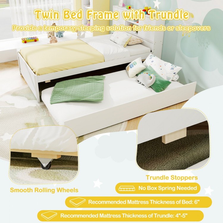 Twin bed frame with trundle in white, featuring storage headboard and smooth rolling wheels for easy access.