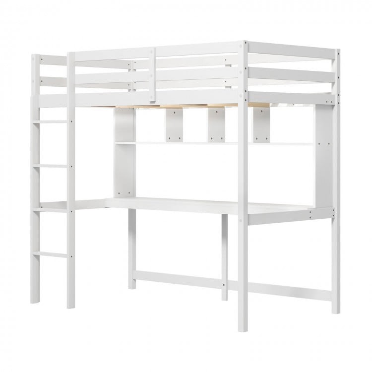 Twin size loft bed in white with integrated desk and shelves, crafted from solid pine wood for home or dorm use.