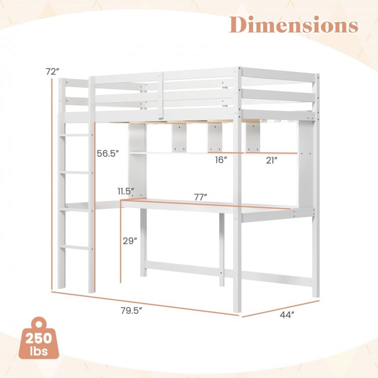 Twin size loft bed with integrated desk and shelves, crafted from solid pine wood, perfect for home or dorm use.