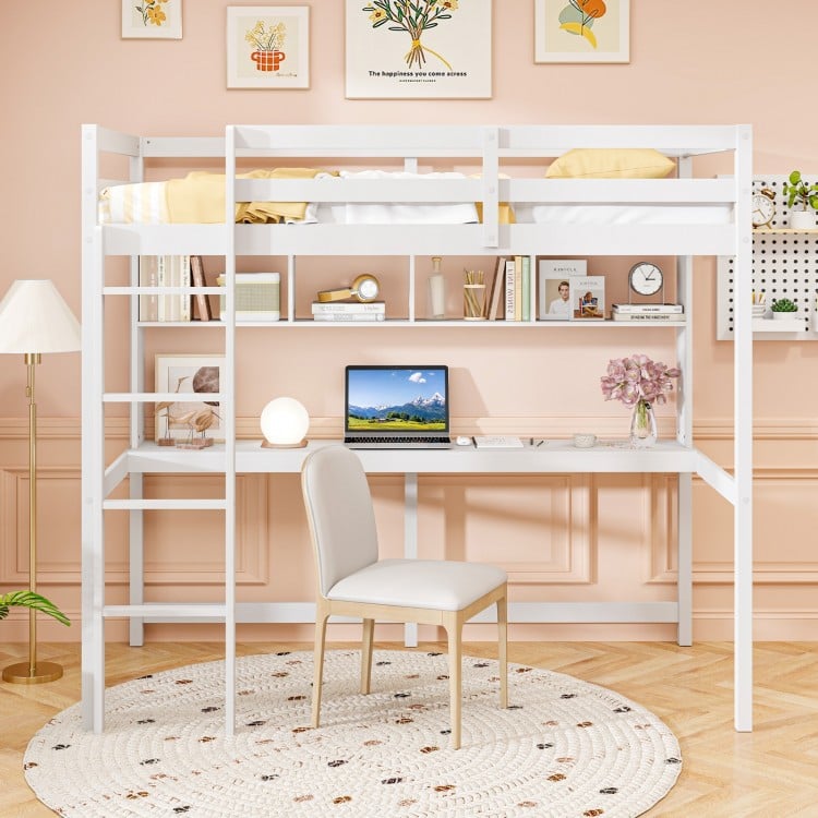 Loft bed in white featuring a spacious integrated desk and floating shelves, perfect for studying in small spaces.