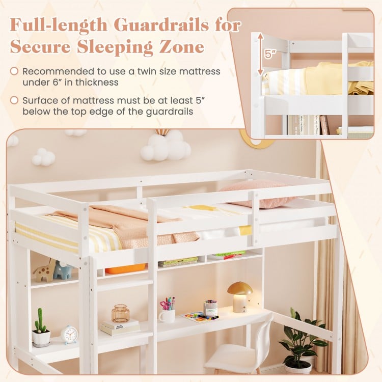 Twin size loft bed with integrated desk and shelves, featuring full-length guardrails for secure sleeping in white.