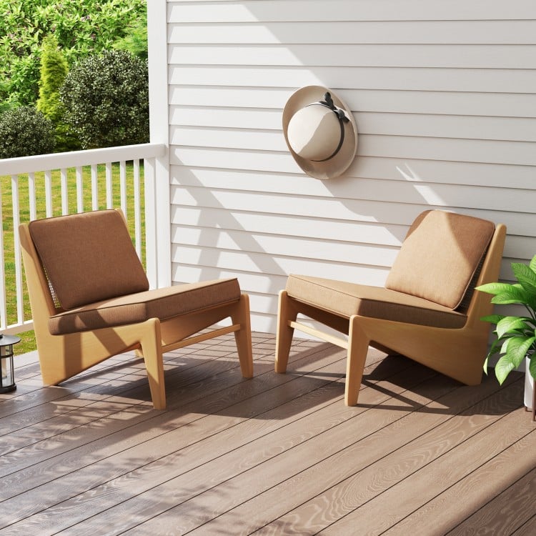 Set of two outdoor patio chairs with brown cushions, crafted from breathable olefin fabric for comfortable relaxation.