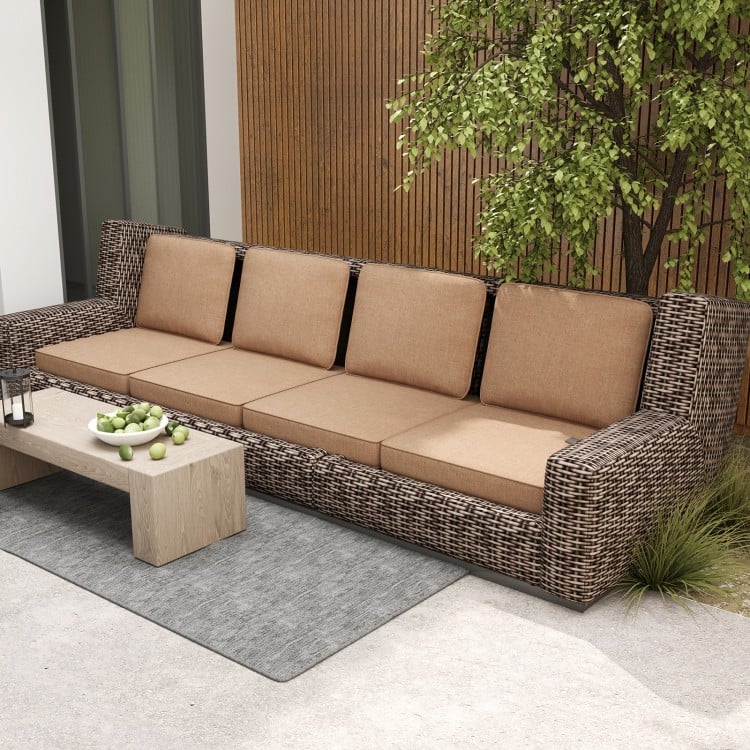 Outdoor patio cushion set in brown with removable covers, featuring thick 4" foam for comfort and durability.