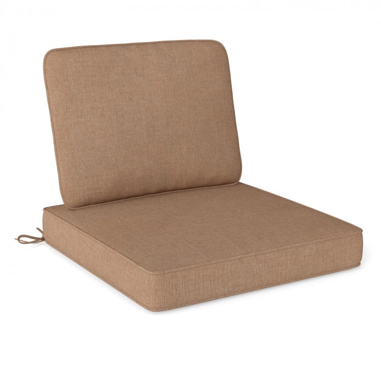 Brown outdoor patio cushion set featuring a large seat cushion and back pillow, crafted from breathable olefin fabric.