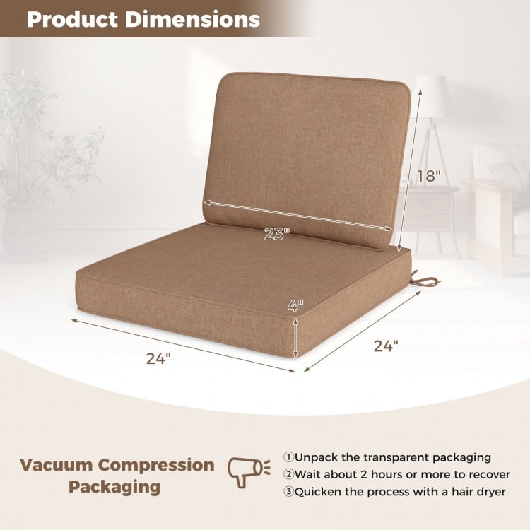 Brown outdoor patio cushion set showing dimensions, featuring removable covers and crafted from breathable olefin.
