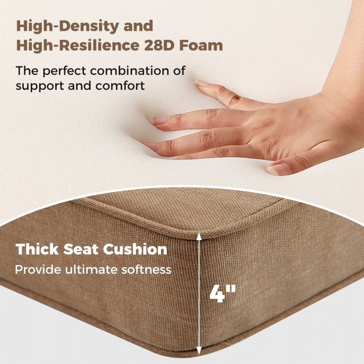 Close-up of a 4" thick outdoor patio cushion set in brown, featuring high-density foam and removable covers for easy.