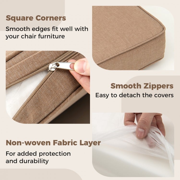 Square corner outdoor patio cushion set in brown with removable covers, featuring smooth zippers and durable non-woven.