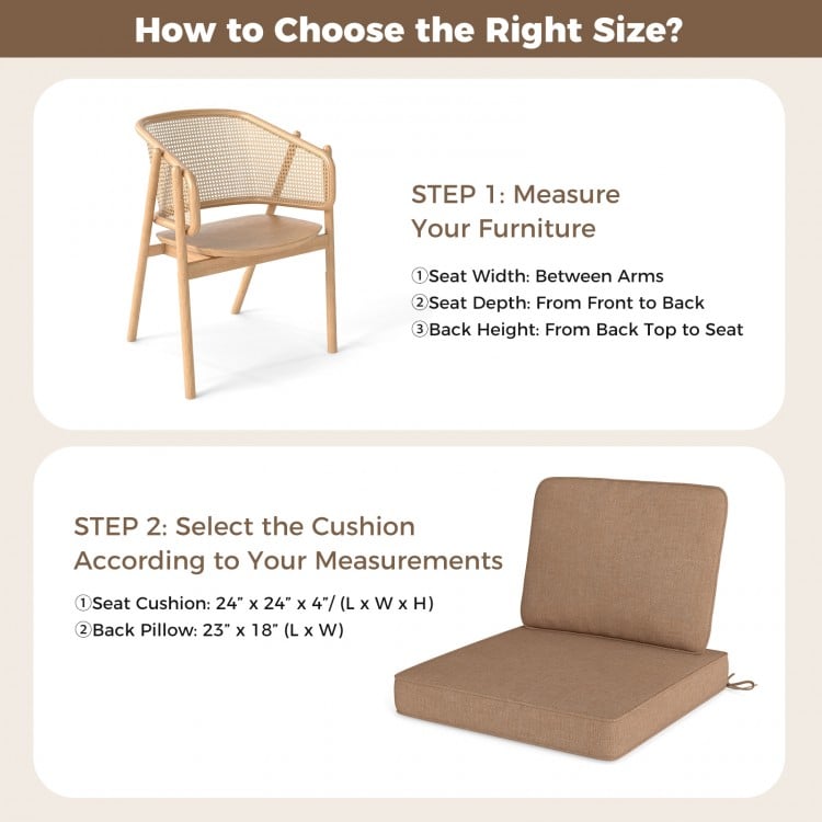 Set of 4 outdoor patio cushions in brown with removable covers, crafted from breathable olefin fabric for comfort.