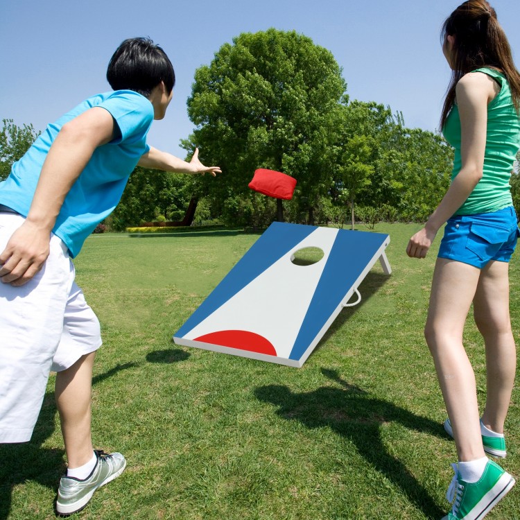 Portable 3 x 2FT cornhole board set with blue design, featuring foldable legs and red and blue bean bags for outdoor.