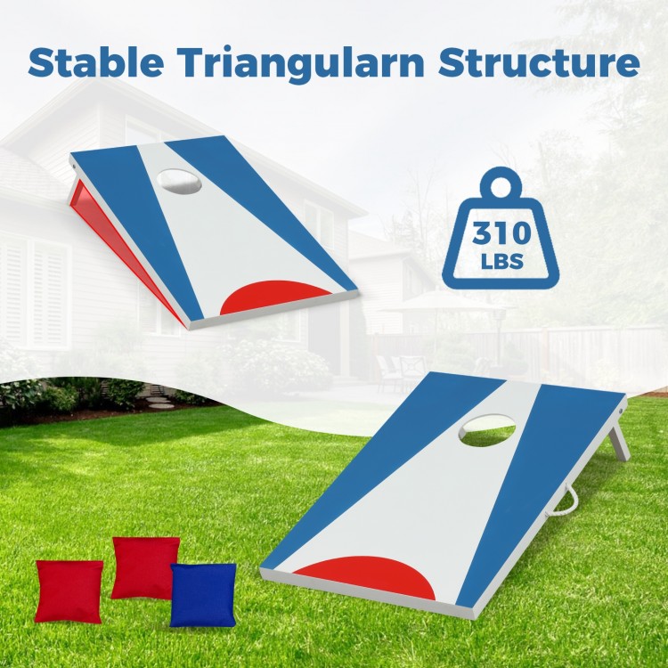 Portable 3 x 2FT cornhole board set with foldable legs, blue design, supports up to 310 lbs for outdoor fun.