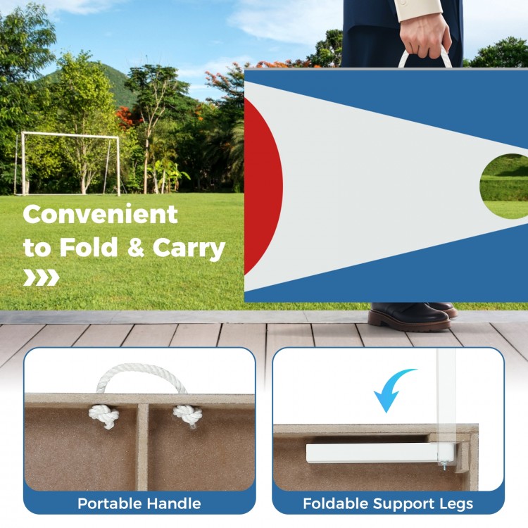 Portable 3 x 2FT cornhole board with foldable legs and side handle, ideal for outdoor games and easy storage.