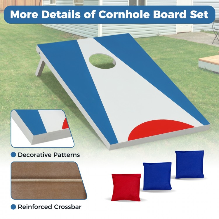 Portable 3 x 2FT cornhole board set with blue design, reinforced crossbar, and foldable legs for easy storage.