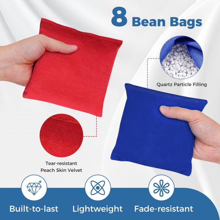 Red and blue tear-resistant bean bags for cornhole, made from peach skin velvet, lightweight and fade-resistant.