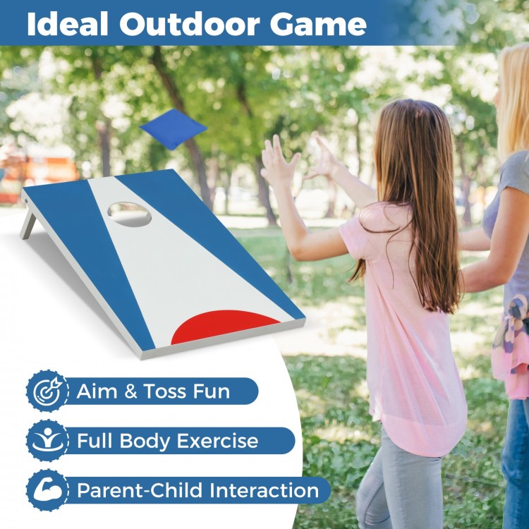 Portable 3 x 2FT cornhole board set in blue with foldable legs, ideal for outdoor aim & toss fun and family interaction.