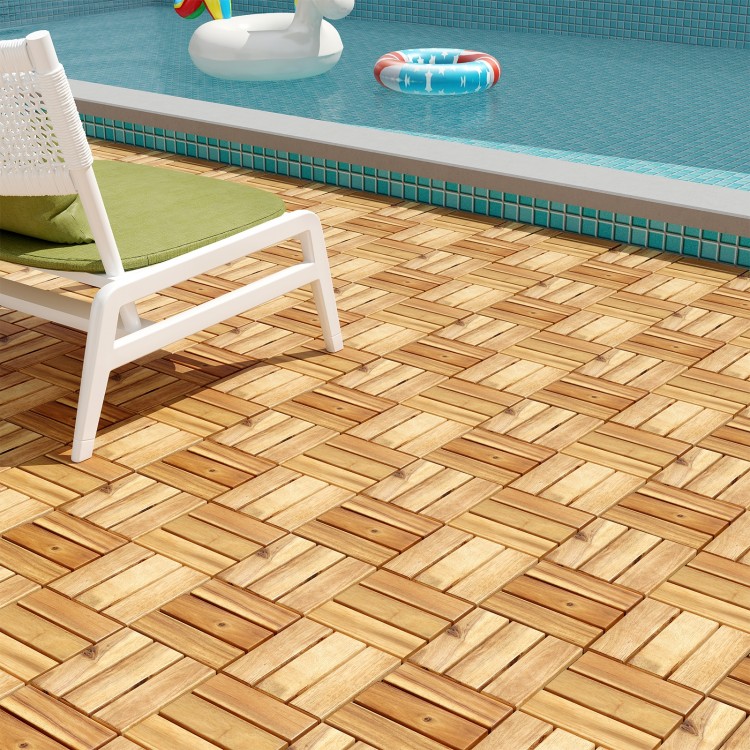Acacia wood interlocking deck tiles in brown, showcasing a natural wood grain, ideal for patios and outdoor spaces.