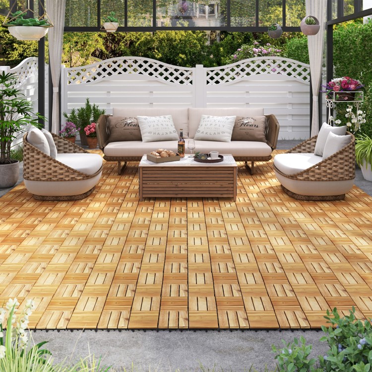 Acacia wood interlocking deck tiles in brown, showcasing a natural wood grain design for patios and outdoor spaces.