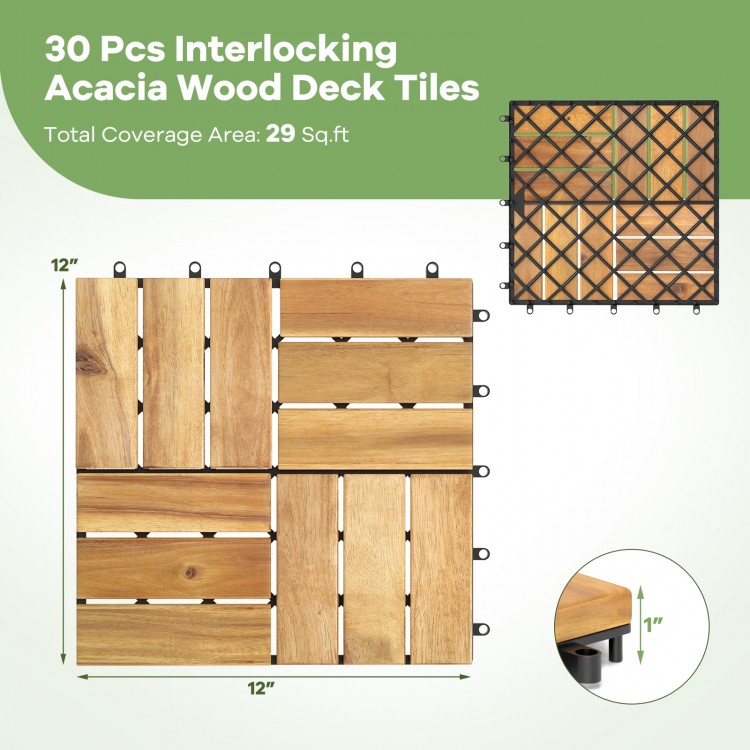 Interlocking acacia wood deck tiles in brown, 30 pcs covering 29 Sq.ft, ideal for patios and outdoor spaces.
