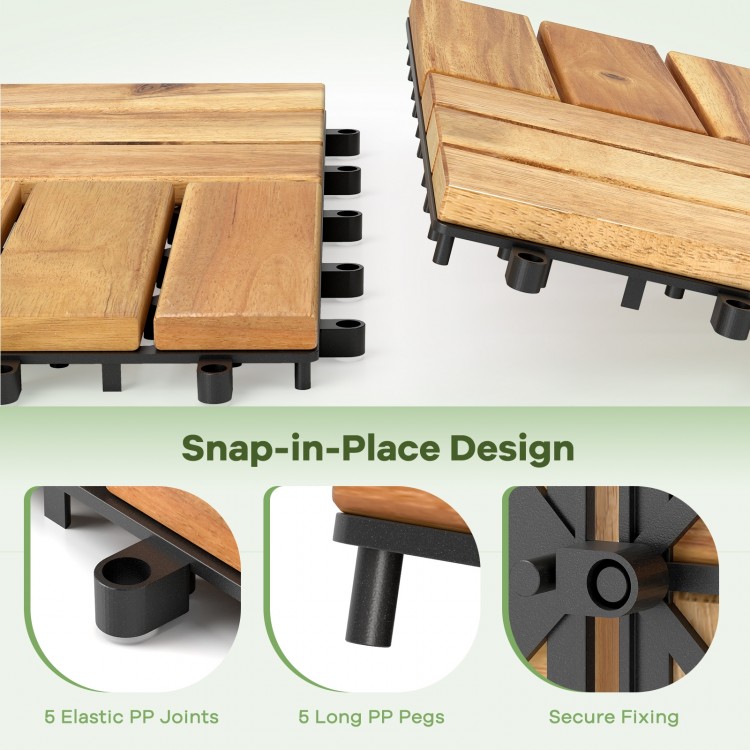 Close-up of acacia wood interlocking deck tiles showcasing snap-in-place design and elastic joints for secure fitting.