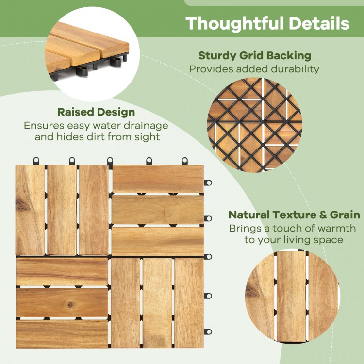 Acacia wood interlocking deck tiles in brown, featuring a raised design for drainage and natural wood grain for outdoor.