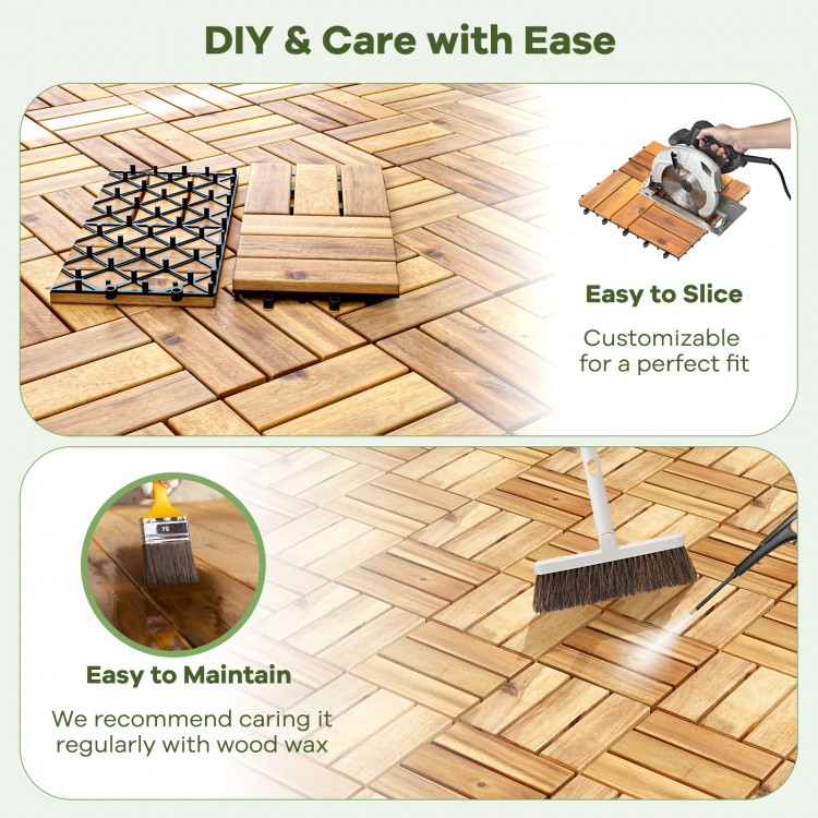 Interlocking acacia wood deck tiles in brown, showcasing easy DIY customization and maintenance for patios and.