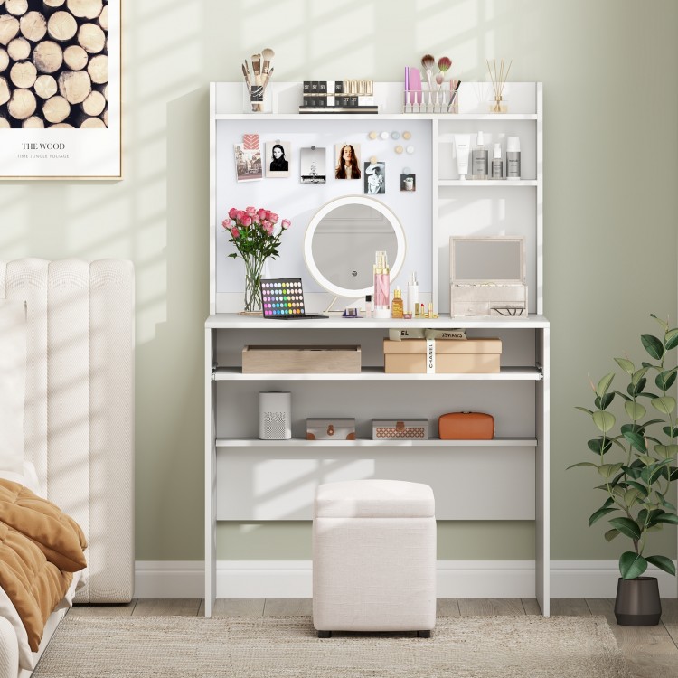 Compact white office computer desk with hutch, featuring a magnetic whiteboard and adjustable shelves for organized.