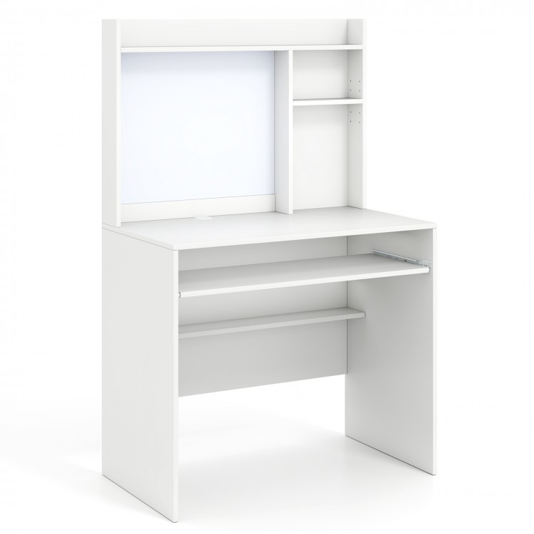 Compact white office computer desk with hutch and magnetic whiteboard, featuring adjustable shelves and pull-out.